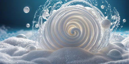 white and gray spiral of liquid and bubbles with a dark background. The spiral is made up of flowing liquid and small bubbles, creating a sense of movement and fluidityの素材