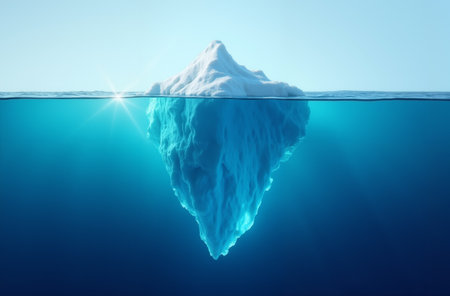 iceberg floating in the deep blue ocean, with its large, hidden underwater part representing a metaphor for concealed problems, secrets, or knowledge.の素材