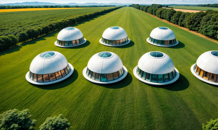group of modern, solar-powered dome-shaped houses arranged in a perfect circle on a grassy field, with a green landscape and trees in the background.の素材