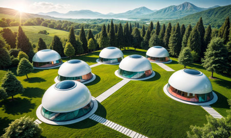 serene landscape with a collection of white geodesic domes in a grassy field, surrounded by a forest with a mountain range in the background.の素材