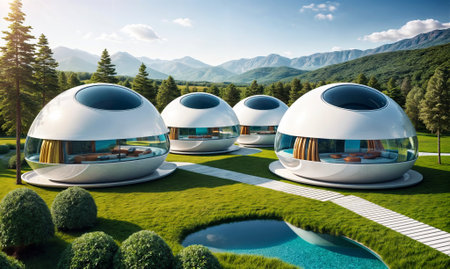 futuristic scene with multiple white spherical structures, some of which are connected to the ground, surrounded by a serene landscape featuring a lake and a mountain range.の素材