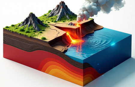 3D cutaway of a coastal volcanic eruption with lava entering the sea and ashe, illustrating volcanic hazards and ocean-plume-volcano interaction.の素材