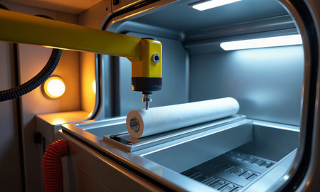 Robotic arm working on a white cylindrical component possibly a filter or sensor inside a brightly lit, sterile laboratory or clean room enclosure.の素材