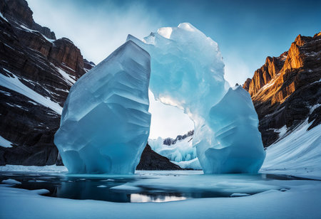 An iceberg is shown with a hole in the middle. It is in a lake surrounded by rocky mountains. The sky is blue with cloudsの素材