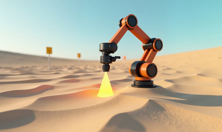 small orange industrial robotic arm embedded in a sandy desert dune landscape with a glowing yellow light beam projecting from its baseの素材