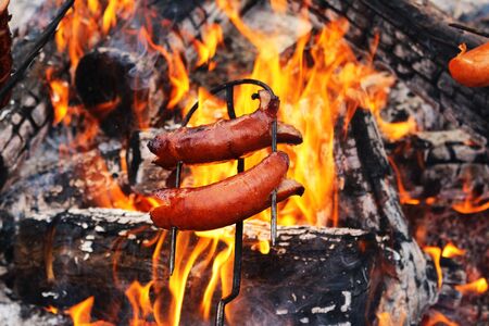 Sausages roasted on the fire.