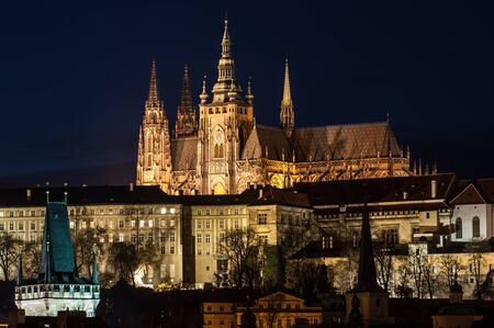 Evening view of Prague Castle over Vltava river, Czech Republicのeditorial素材