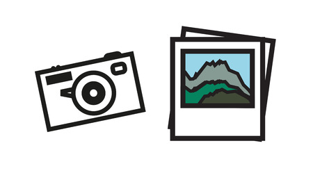 Photo of mountains and camera in outline design - traveler setのイラスト素材