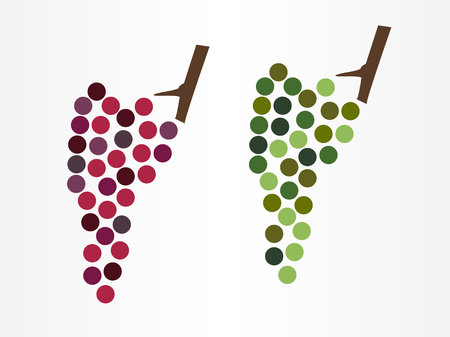 Modern vintage grapes illustration or icon in two variants - red and white wine grape on white background. Icon of winery, wine bar or vineyard.のイラスト素材
