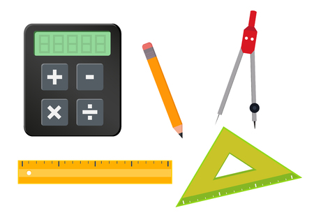 Vector set of education and math icons isolated on white background. Calculator, pencil, ruler, triangle and drawing compasses.のイラスト素材