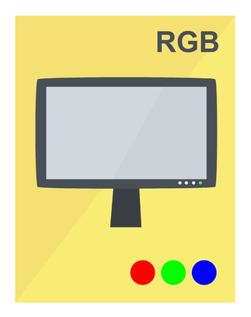 RGB concept - vector illustration of lcd screen monitor and rgb colors on yellow background.のイラスト素材