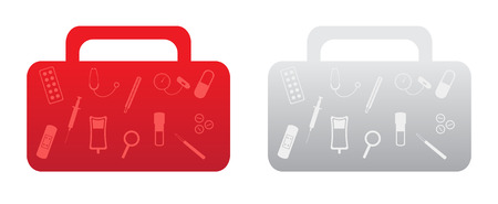 First aid kit with set of medical and healthcare simple icons. Two versions of the first aid kit - red and gray.のイラスト素材