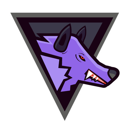 Vector purple head of an engraved wolf in a black shield. Sports symbol template or mascot.のイラスト素材