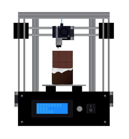 3D printer prints chocolate. fused deposition modeling - vector scientific illustration of black repRap 3D printer with printed chocolate - modern production.のイラスト素材