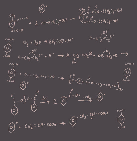 Vector chemical reactions and formulas. Reactions of organic and macromolecular chemistry. Light formulas on dark background.のイラスト素材