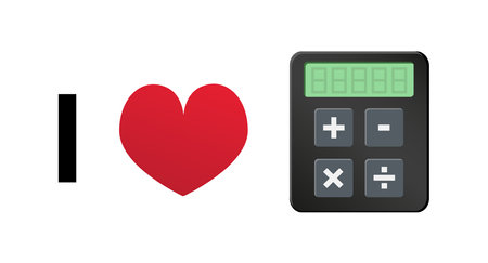 I love math - vector icon of a calculator with plus, minus, division, and multiplication functions with red heart isolated on a white background. I love school.のイラスト素材