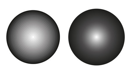 Two vector greyscale circles with a gradient from black to white. Continuous circle with a smooth gradient and circle with step discontinuous gradient.