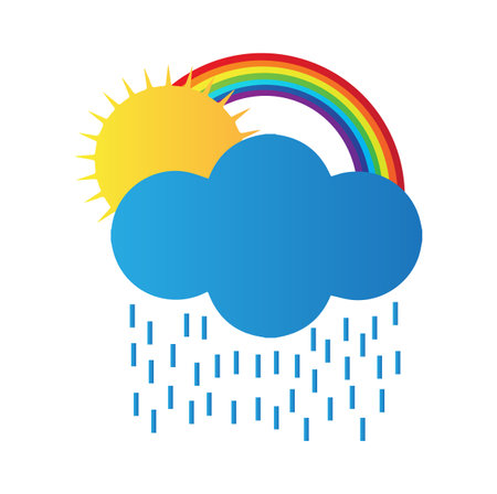Vector illustration of weather - an icon of a rainbow, the sun is shining through a small blue cloud while raining. The vector is isolated on a white background. The weather forecast. Sky colors.のイラスト素材