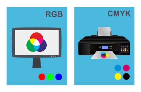 Vector RGB and CMYK concept with LCD graphic monitor for designers and office inkjet printer in flat style on a blue background.のイラスト素材