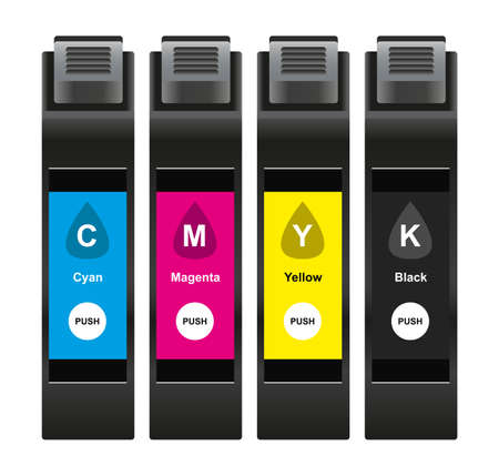 Vector illustration of CMYK ink cartridges for inkjet printing machine which consists of cyan, magenta, yellow, and black or key colors isolated on white background.のイラスト素材
