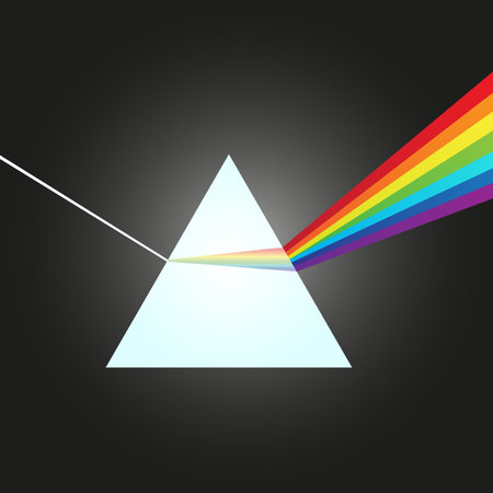 Vector illustration of dispersion, refraction, or decomposition of white light into visible spectrum at the glass prism. Physical science about light - prism. Prism is on a black background.のイラスト素材
