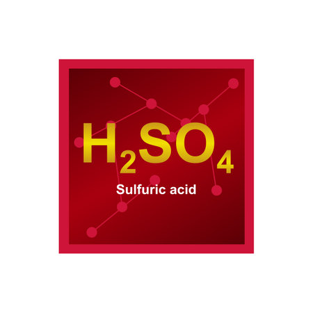 Vector red symbol of sulfuric acid or sulfuric acid H2S04 on the background from connected molecules. The symbol is isolated on a white background. Strong acid.のイラスト素材