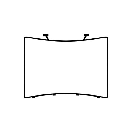 Vector illustration, pictogram, or symbol of concave curved fabric tension pop up trade show stand - Advertising printed pop up wall. Outline or line black simple icon isolated on a white background.のイラスト素材