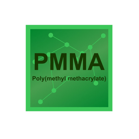 Vector symbol of Poly (methyl methacrylate) (PMMA) polymer on the background from connected macromolecules. Acrylic, acrylic glass, or plexiglass. transparent thermoplastic polymer isolated on white.のイラスト素材