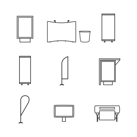 Set of advertising, promo, and printing vector line black icons. Pop up wall, retail trade promotion, roll up banner, feather beach bow flags, citylight lightbox, inkjet plotter, and LCD monitor.のイラスト素材