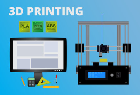 Vector concept of 3D printing. Icon of fused deposition modeling printer, LCD monitor with the...