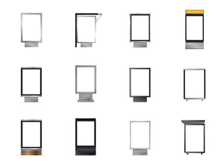 Vector set of twelve vertical blank outdoor advertising citylight lightboxes or light boxes isolated on a white background. Advertising stands are suitable as a mock-up for your poster or design.のイラスト素材