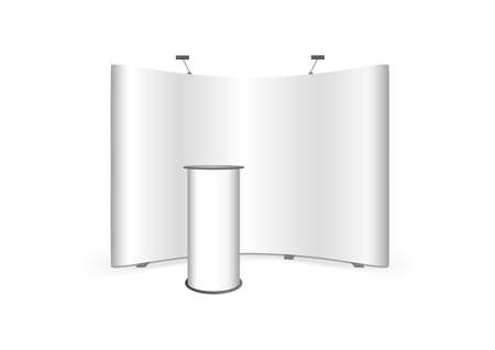 Vector 3d mock up or template of event curved pop up trade show stand banner display and promotion exhibition event or bar presentation rounded table, promotion counter or booth isolated on white.のイラスト素材