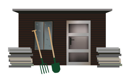 Vector illustration of small brown wooden old summer flat, apartment, or garden shed with gardening equipment - pitchfork and shovel isolated on a white background.のイラスト素材