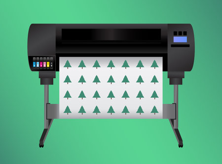 Green eco printing - think before printing. Ecology concept. Large inkjet plotter printer for printing many products - billboards, posters and roll-ups with process and light inks isolated on green.のイラスト素材