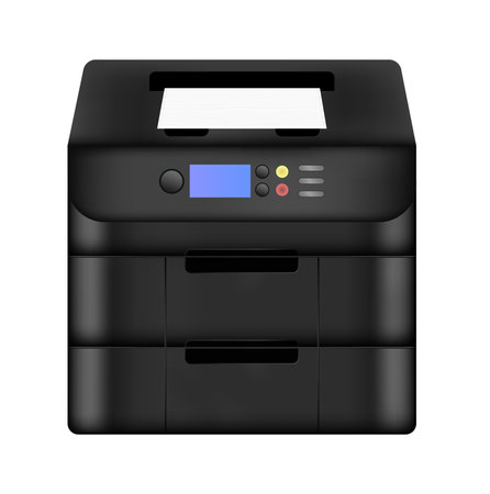 Vector realistic black illustration of laser digital printer copy machine. Business multi-function all-in-one printer used most often in company. Printing machine is isolated on a white background.のイラスト素材