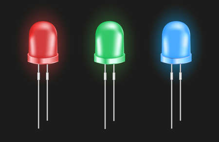 Vector realistic 3d RGB light-emitting diodes. Shining eco red, green, and blue small LED light bulbs isolated on a black background. Semiconductor diode - electrical component.のイラスト素材