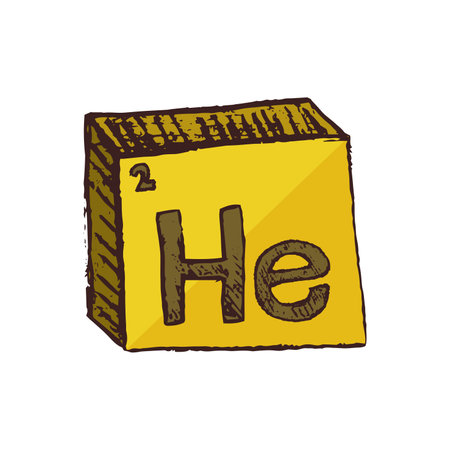 Vector three-dimensional hand drawn yellow chemical symbol of noble gas helium with an abbreviation He from the periodic table of the elements isolated on a white background.のイラスト素材