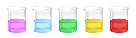 Vector set of chemical beakers with liquid fluids - water, acid, solvent, or chemicals. Full laboratory glassware with different colors of substance solution isolated. Purple, blue, green, yellow, redのイラスト素材