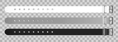 Vector set of black, gray, and white silicon waterproof wristbands or bracelets with closing watch mechanism. Hand entrance access control. Templates are isolated on a transparent background.のイラスト素材