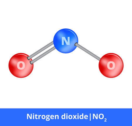 Vector ball-and-stick model of chemical substance. Icon of nitrogen dioxide molecule NO2 consisting of nitrogen and oxygen. Structural formula with double and one single bond isolated on white.