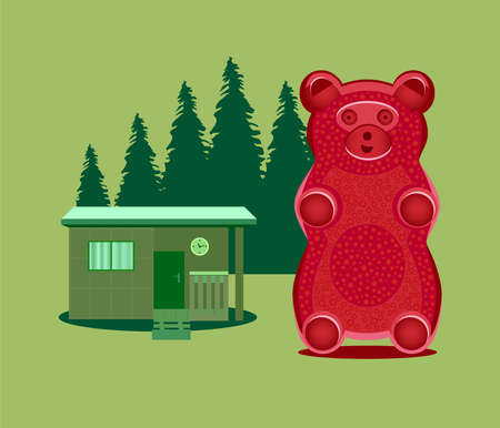 Vector childish illustration. Red gummy bear or jelly bear in a forest with log cabin and forest with trees. Fairytale infantile illustration. Candy motif isolated on a green background. T-shirt printのイラスト素材