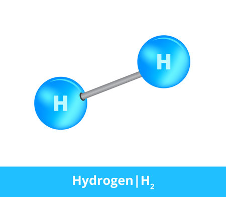 Vector ball-and-stick blue model of chemical substance. Icon of hydrogen molecule H2. Structural formula suitable for education isolated on a white background.のイラスト素材