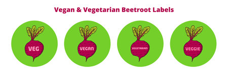 Vector icon of four labels with signs vegan, vegetarian, veg and veggie. Hand-drawn illustrations of beetroot with green leaves in a green round label. Organic vegetable icons are isolated on white.のイラスト素材