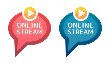 Online stream icons or buttons. Vector red and blue icons of live stream isolated on a white background. Social media live streaming conceptâ speech bubble with a play icon.のイラスト素材