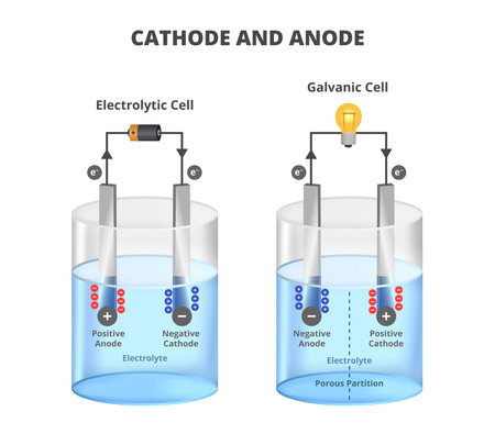 Vector scientific illustration of the electrolysis processes. Set of voltaic galvanic cell and electrolytic cell. Negative and positive cathode and anode, anions, cations isolated on white background.