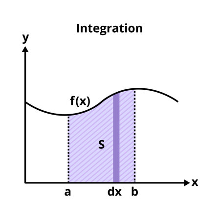 Vector graph with the demonstration of integration. Mathematical advanced operation - integral. Curve with the integral area. Definite integral, an area under the curve. The chart is isolated on whiteのイラスト素材