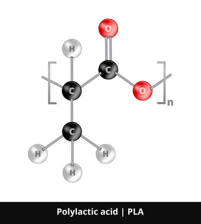 Vector ball-and-stick model of thermoplastic polymer polylactic acid or polylactide PLA, repeat unit lactide. Biodegradable bioplastic polymer, material in 3D printing. The icon is isolated on white.