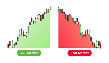 Vector stock market exchange graph or chart - bull and bear market isolated on a white background. Financial graphs, business concept. Stock market trends, downtrend, uptrend. A candlestick chart.のイラスト素材