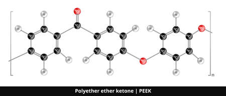 Vector ball-and-stick model or icon of thermoplastic high-performance semicrystalline polymer or plastic polyether ether ketone PEEK with excellent mechanical and chemical resistance isolated on whiteのイラスト素材