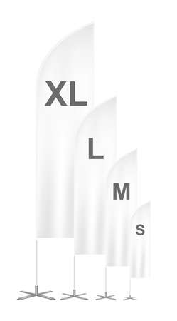 Vector blank outdoor feather promo advertising waving flag banners sorted by size - S, M, L, XL banners isolated on a white background. Template or mock-up for an advertising company.のイラスト素材
